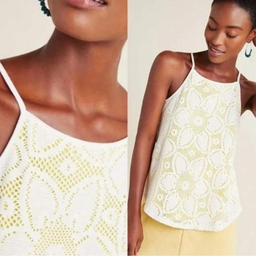 Anthropologie White and Yellow Tank Top with‎ Eyelet Design